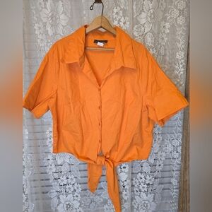 Vintage Park Avenue, Short Sleeve Cropped ButtonUp, Waist Tie, Womens 3X, Orange